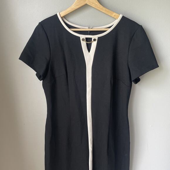 TALBOTS PONTE KNIT DRESS SIZE 6-BLACK-IVORY TRIM-BACK ZIP & SLIT-SHORT SLEEVES - Picture 5 of 11